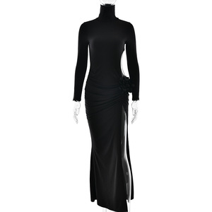 Vestido Maxi Bodycon Sexy con Abertura Lateral, Estilo Europeo Americano, Cuello Alto, Manga Larga, Elegante Vestido de Noche - Product Image 5