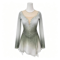 Robe de patinage artistique à col en V, dégradé gris-vert, à manches longues, en tissu maillé, pour compétition et spectacle sur glace, pour adultes et enfants