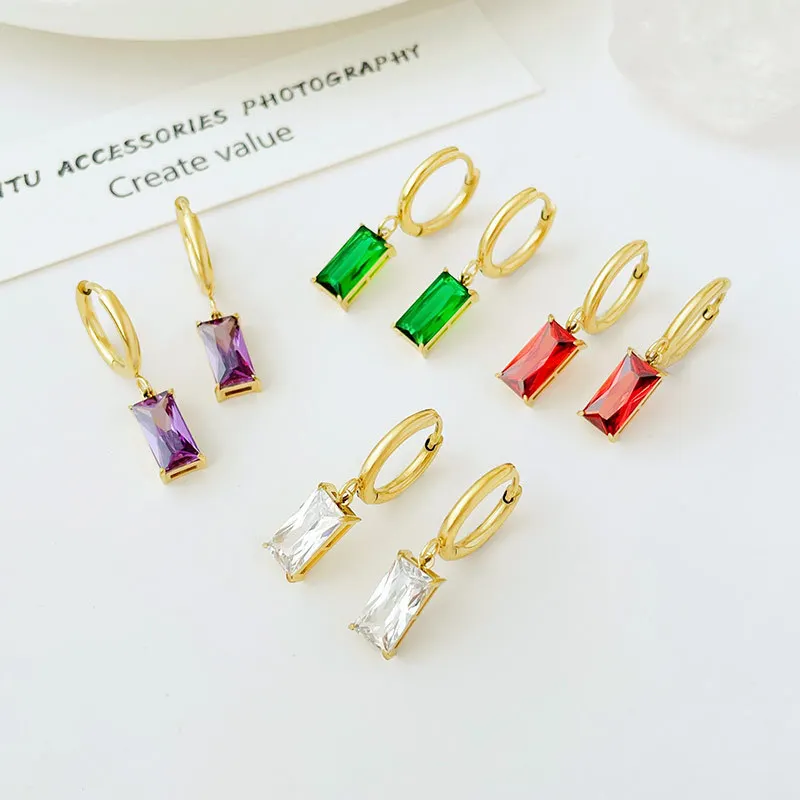 Designer 18K Gold Plated Zircon Hoop Earrings Ladies Stainless Steel Square Green Cubic Zirconia Dangle Earrings Women