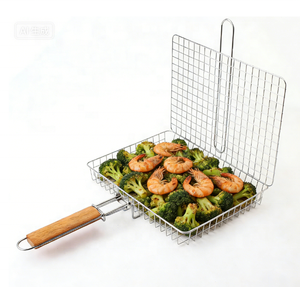 Cesta perforada para verduras de acero inoxidable con mango de madera, accesorios para parrilla, para cocina exterior, universal para barbacoa - Product Image 1