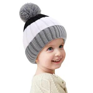 WS397 New Autumn Striped Hairball Baby Winter Hat Boy Girl Outdoor Warm Pom Beanie Thicken Children Fibers Knitted Hats