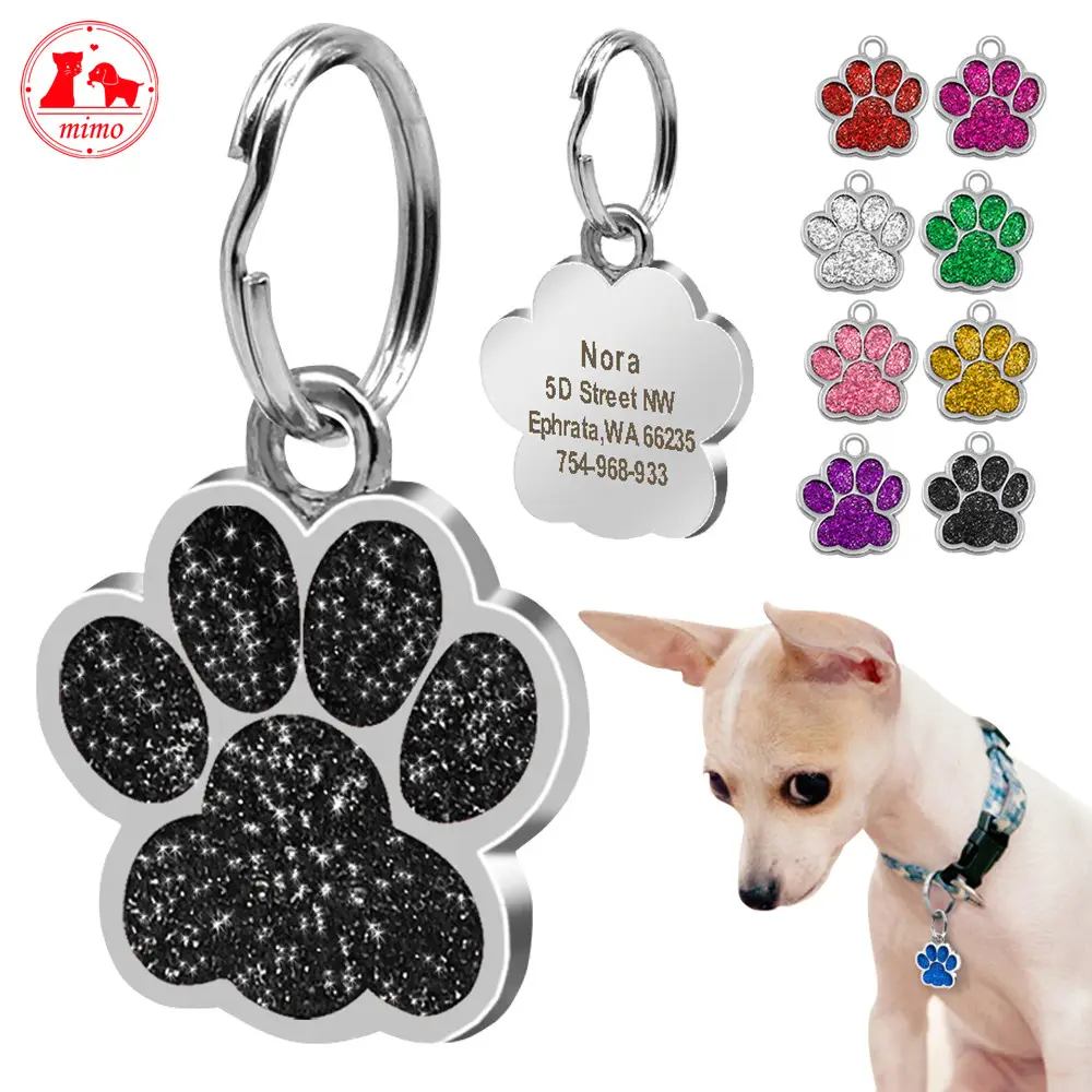 Etiqueta de identificación de perro personalizada para perros pequeños, accesorios de diamantes de imitación personalizados para mascotas, huella de pie, placa de identificación de nombre, decoración de Collar