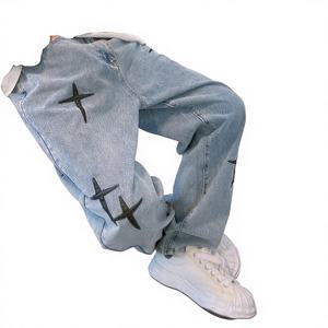 Jean en denim ample à jambe droite pour <span class=keywords><strong>homme</strong></span>, nouvelle collection Printemps/Automne <span class=keywords><strong>2022</strong></span>, style coréen, <span class=keywords><strong>tendance</strong></span>, décontracté, taille mi-haute, délavage clair, longueur cheville - Product Image 1