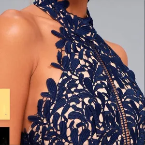 Dress Malam Pesta Renda Midi Wanita, Gaun Renda Midi Renda Biru Dongker Desain Flare Cantik dengan Penutup Ritsleting Belakang