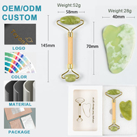 Ensemble de rouleaux de jade en pierre naturelle et Gua Sha, double tête, manche en bois, outil de massage facial pour les rides et les poches des yeux et du corps