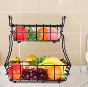 Wholesale Heavy Duty Black Iron Fruit Basket Counter Top 2-tier Metal 2 Tier Fruit Basket For Kitchen