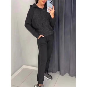 แฟชั่นฤดูใบไม้ผลิและฤดูใบไม้ร่วงสำหรับผู้หญิง เสื้อฮู้ดประดับเลื่อมลำลองสุดฮิต ชุดเซ็ต 2 ชิ้น สไตล์สปอร์ต - Product Image 5