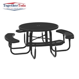 Table de pique-nique commerciale en acier pour parc extérieur avec banc, table de pique-nique ronde en métal pour terrasse extérieure, café, jardin - Product Image 2