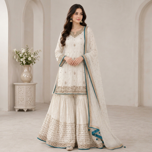 Salwar Kameez élégant en soie modal brodée avec bordure bleue, tenue de mariage traditionnelle indienne/pakistanaise, longueur standard pour femmes - Product Image 1