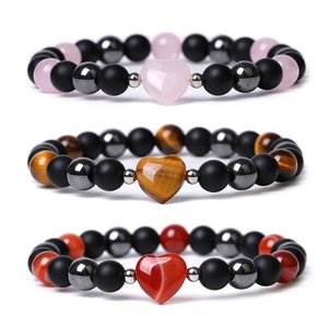 Natural Gemstone Heart <b>Bracelet</b> - Rose Quartz/Tiger Eye/Carnelian <b>Beaded</b> Stretch <b>Bracelet</b> for <b>Men</b> Women Couple Jewelry Gift - Product Image 1