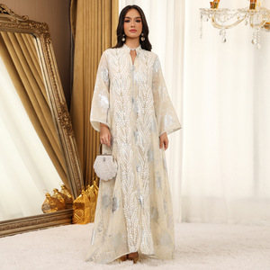 Abaya de luxe en maille brodée à feuille d'argent pour femme, élégante robe musulmane modeste style Dubaï, Kaftan, Robe longue pull-over 2026, Vente en gros - Product Image 3