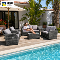 Ensemble de canapés de patio modernes, durables et confortables, 5 pièces, gris, en rotin PE, meubles d'extérieur, table en verre pour cour, utilisation hôtelière