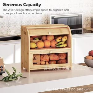 Moderna caja de pan de madera minimalista con tapa abatible extraíble, gran capacidad, estante de almacenamiento de pan de doble capa. - Product Image 4