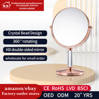 Miroir de Comptoir Cosmétique Rond en Métal, Direct Usine, Double Face (1X et 10X Grossissement), avec Décor en Cristal Transparent, Sans Lumière LED
