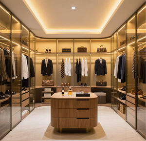 Armoires <span class=keywords><strong>de</strong></span> rangement modernes en bois avec portes en verre et lumières intégrées Rangement des vêtements pour le salon <span class=keywords><strong>de</strong></span> l'atelier - Product Image 4