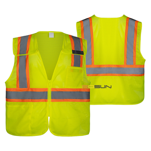 سترة أمان عالية الوضوح من الفئة 2 حسب معايير ANSI بلونين مع شريط عاكس بعرض 2 بوصة وإغلاق بسحاب وشعار مخصص وحقيبة أمامية - Product Image 4