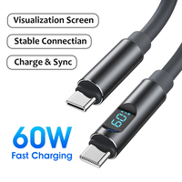 Nuevo Cable PD de 60W, Tipo C a C, Carga Rápida PD con Pantalla Digital en Tiempo Real, Cable de Datos Flexible TPE de 1m 2m