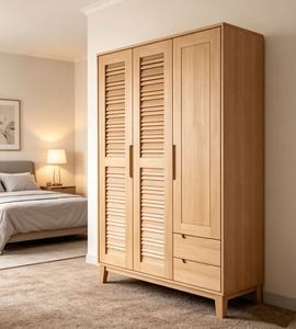 Armoire scandinave en bois avec portes à battants, en bois massif, autoportante, meubles de chambre à coucher modernes, 2 tiroirs - Product Image 3