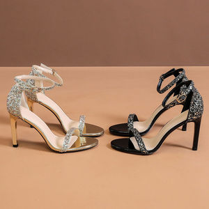 Sandales à talons aiguilles pour femmes, à paillettes et strass, à bout ouvert, avec bride de cheville et boucle, pour soirées et événements - Product Image 3