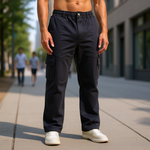 Pantalon de survêtement en toile pour homme, coupe décontractée, taille élastique, braguette boutonnée, poches cargo, logo personnalisé, pantalon décontracté - Product Image 2