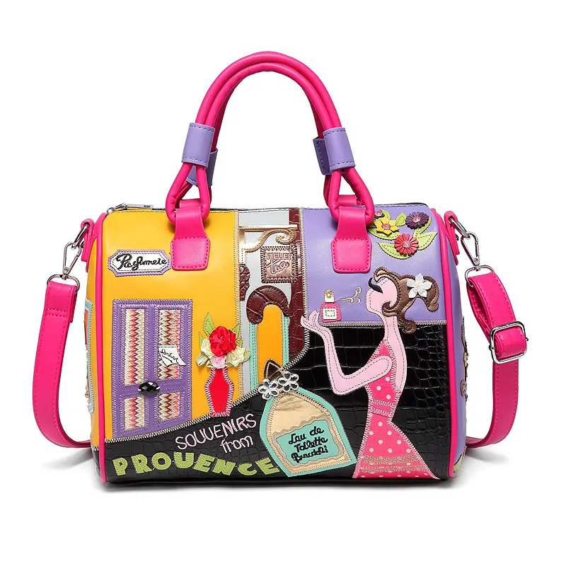 2021 new PU creative personality Boston cartoon embroidery stitching one-shoulder portable messenger bag ladies handbag