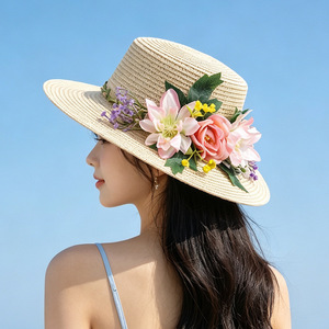 <span class=keywords><strong>Chapeau</strong></span> de paille bohème à grandes fleurs, style français à calotte plate, avec ruban floral rose, pour femme, idéal pour la plage, les vacances et les centres de villégiature de luxe, Sombrero - Product Image 1