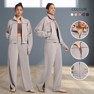 Ensemble de survêtement pour femme à manches longues, fermeture éclair, couleur unie, coupe décontractée ample avec poches latérales, col montant et ourlet fendu - Product Image 2