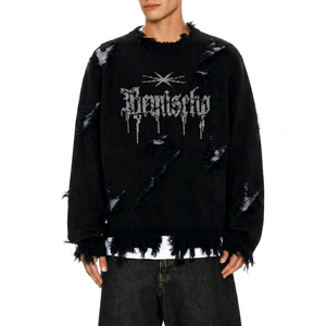 Pull en tricot noir gothique pour homme avec détails à franges, logo lettre sur le devant, coupe ample, col rond, vêtement d'hiver - Product Image 1