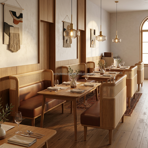 Set di Divani in Legno Massello e Rattan su Misura, Arredamento Moderno per Hotel e Ristoranti, Sedie con Schienale in Rattan, Divano per Caffè - Product Image 1