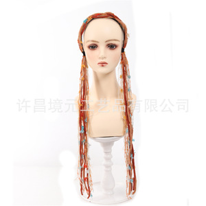Serre-tête Jingyuan rétro Maillard coloré à longues franges, accessoire de cheveux bohème tressé, cordon en cuir perlé - Product Image 5