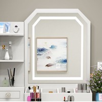 Coiffeuse blanche moderne avec miroir LED, table de maquillage multi-rangements avec étagères ouvertes et tiroirs, poste de maquillage pour chambre à coucher