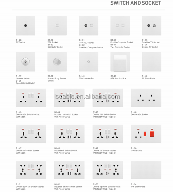 UK Standard Saudi Yemen Iraq Market 13A 16A 20A 45A 1 2 3 4 Gang 1 Way Light Power Light Wall Switch Socket