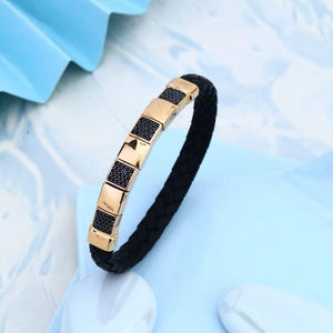Black <b>Leather</b> <b>Bracelet</b> with Gold Touch for <b>Men</b> Fashion Wrist Band for Office Party and Casual Wear - Product Image 1