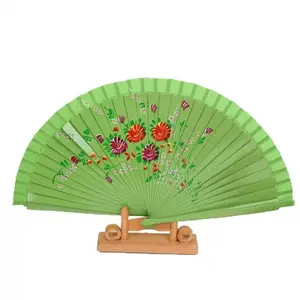 Fluorescent Green Color Customized Printed Spanish Favor Wooden Hand Fan