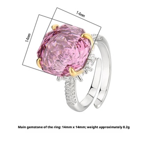 High Quality Jewelry Eco-friendly Copper Gold Plated Claw Set Rose Cut 14*14MM Zircon Pink Stone <b>Adjustable</b> <b>Ring</b> for Feminine - Product Image 2