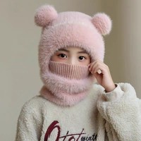Bonnet en tricot jacquard en peluche Spandex pour enfants, imitation animale, avec boutons, pour filles et garçons, cache-cou intégré, automne-hiver