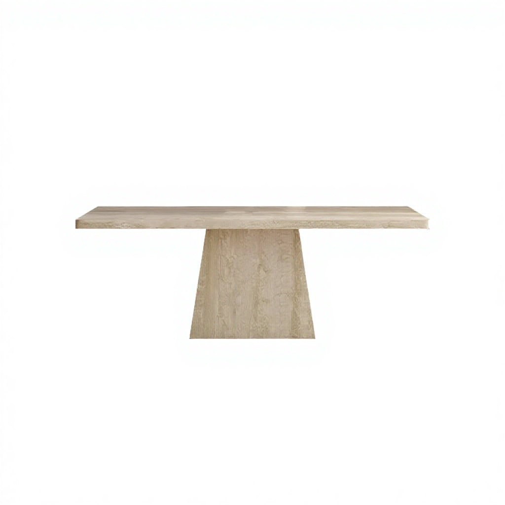 Mesa de comedor 1408m-QS con base trapezoidal y tablero de piedra tipo roca.