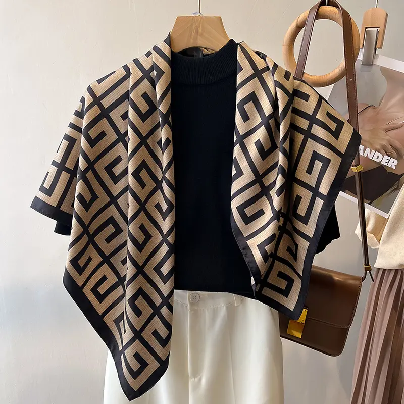 メーカー2023最新90x90シルク女性バンダナ高級デザイナー黒と茶色のパターンツイルシルクプリントスクエアスカーフ