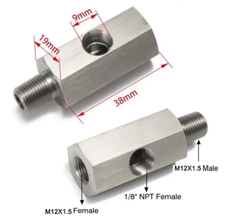 Sensor de presión de combustible en T, Adapter-M12 x 1,5 macho a M12 x 1,5 hembra con adaptador de puerto de calibre 1/8 NPT, línea de alimentación de suministro Turbo T ss304