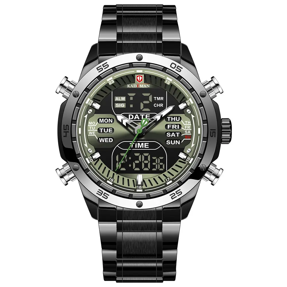 KADEMAN-reloj analógico de cuarzo inoxidable para hombre, accesorio de pulsera de cuarzo resistente al agua con pantalla LED, complemento deportivo Masculino de marca, 9109