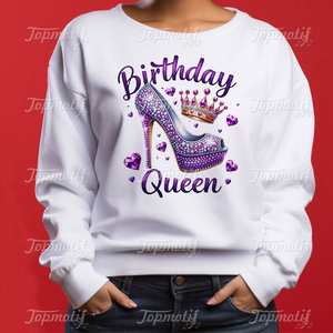 Diseño de impresión DTF de reina de cumpleaños de alta calidad listo para presionar <span class=keywords><strong>vinilo</strong></span> de transferencia de calor de transferencia DTF de tacón púrpura - Product Image 3