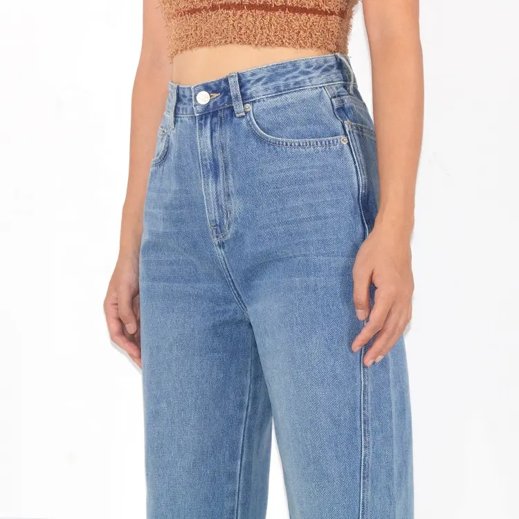 Pantalon baggy décontracté à la mode pour femmes Jeans en coton à jambes larges Jeans à taille haute pour dames