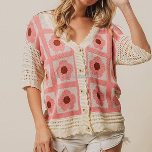Cardigan en maille à manches courtes pour <span class=keywords><strong>femme</strong></span>, imprimé floral, col en V, ajouré, style décontracté, vente en gros - Product Image 1