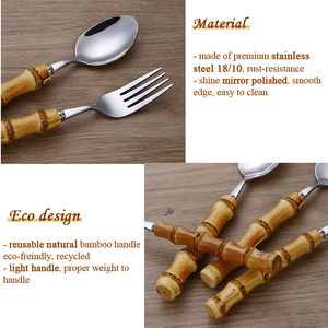 Ensemble de <span class=keywords><strong>couverts</strong></span> en bambou naturel 100% véritable, style vintage unique, poli miroir <span class=keywords><strong>argenté</strong></span> en acier inoxydable, retour à l'école - Product Image 3