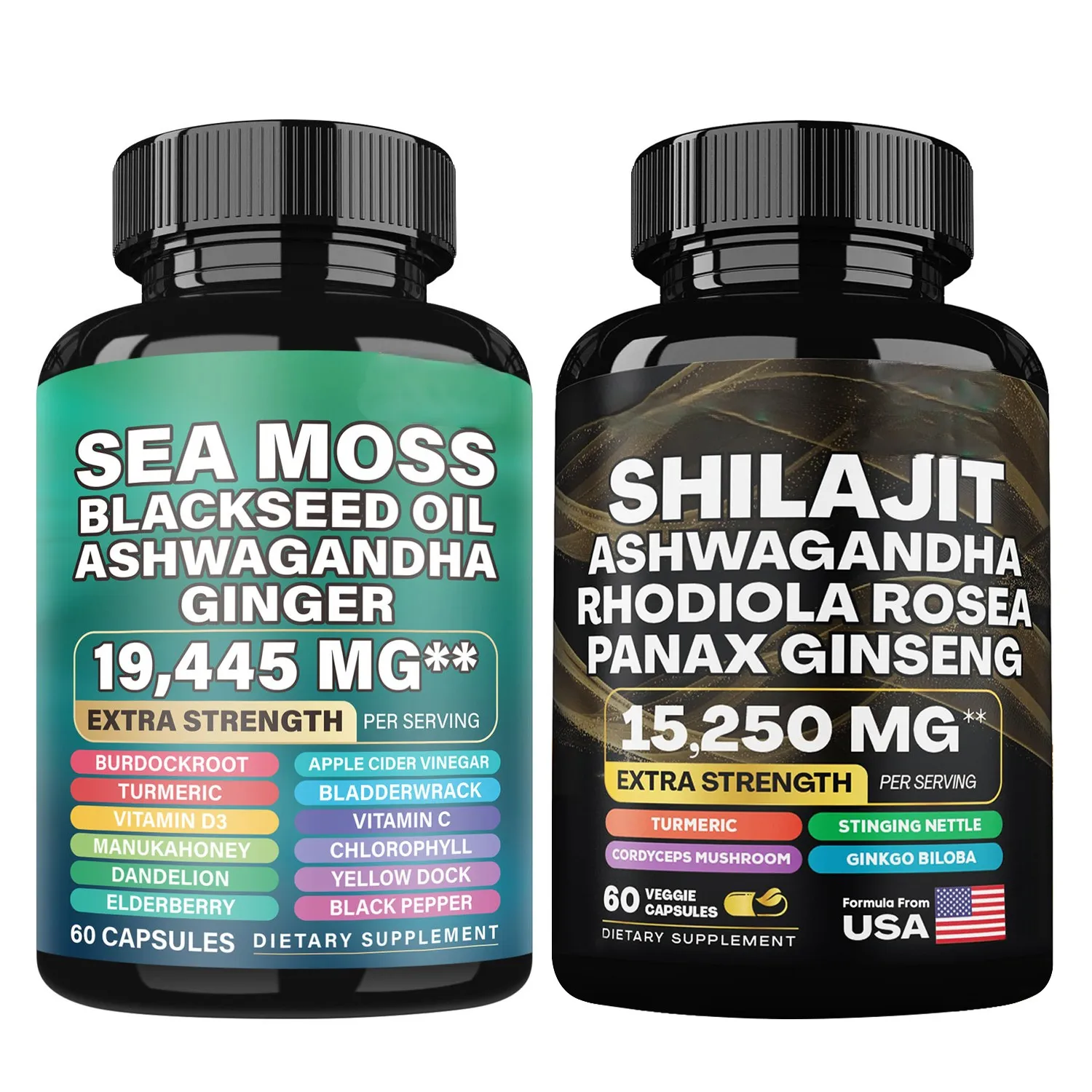 Label pribadi Sea Moss Shilajit minyak biji hitam Ashwagandha kunyit bladderwrangck Burdock kapsul suplemen Herbal jahe