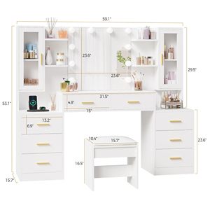 OEM bàn trang điểm với gương và ánh sáng Ổ cắm điện và phân 8 ngăn kéo và 6 kệ lưu trữ phòng ngủ của phụ nữ bàn trang điểm - Product Image 2