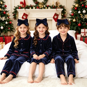 Ensemble de pyjamas en velours <span class=keywords><strong>bleu</strong></span> marine à volants pour Noël, pyjamas pour enfants, pyjamas brodés pour couple, robe de nuit, masque pour les yeux assorti, nœud 2026 - Product Image 1