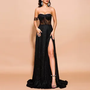 Evening Casual Sexy One Shoulder Tube Mesh Sequins Dresses Women Lady Elegant