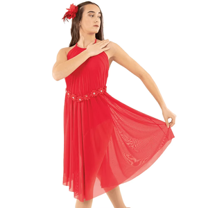 Costume de danse lyrique élégant pour femmes, justaucorps rouge à manches longues avec appliques florales et traîne en tulle pour spectacle sur scène - Product Image 6