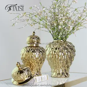 J286 Vaso de flores de cerâmica branco e dourado, decoração luxuosa, vaso de mesa com desenho de grade, para decoração de casamento